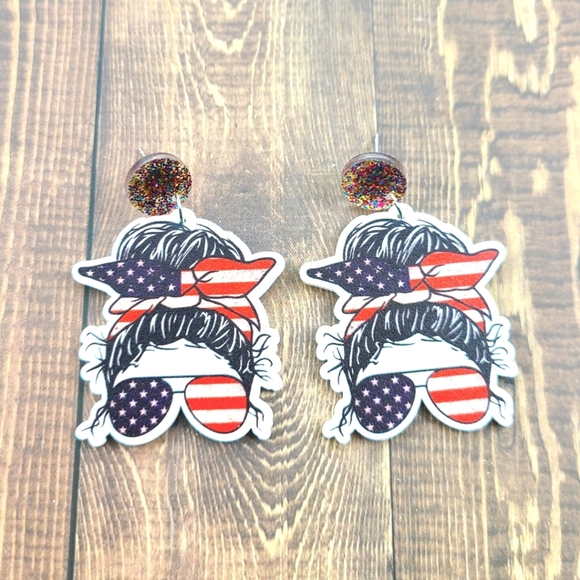 Patriotic Messy Bun Dangle Earrings - Picture 1 of 3